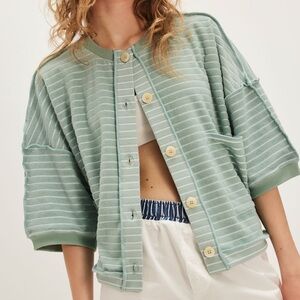Free people Matilda striped terry cardigan blue sea sweater NWT